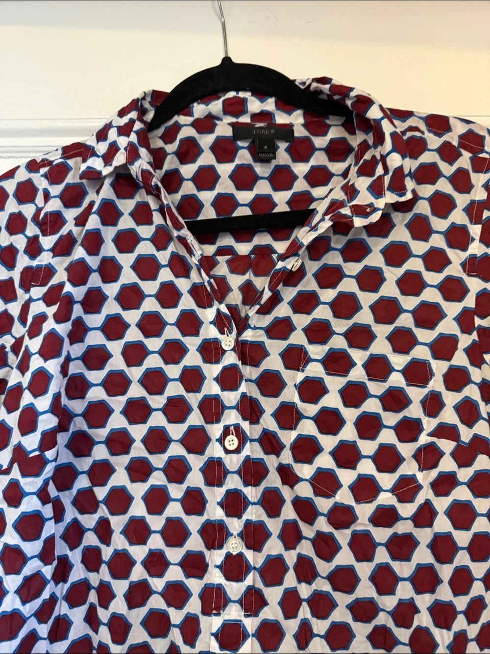 J. Crew Burgundy Blue and White Geometric Popover Collared Shirt size 6  Cotton